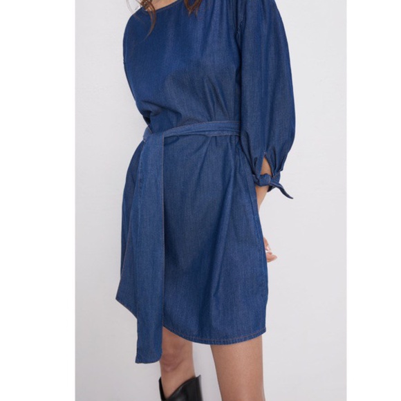 Zara Dress With Voluminous Sleeves Dark Blue NWT - Picture 4 of 7